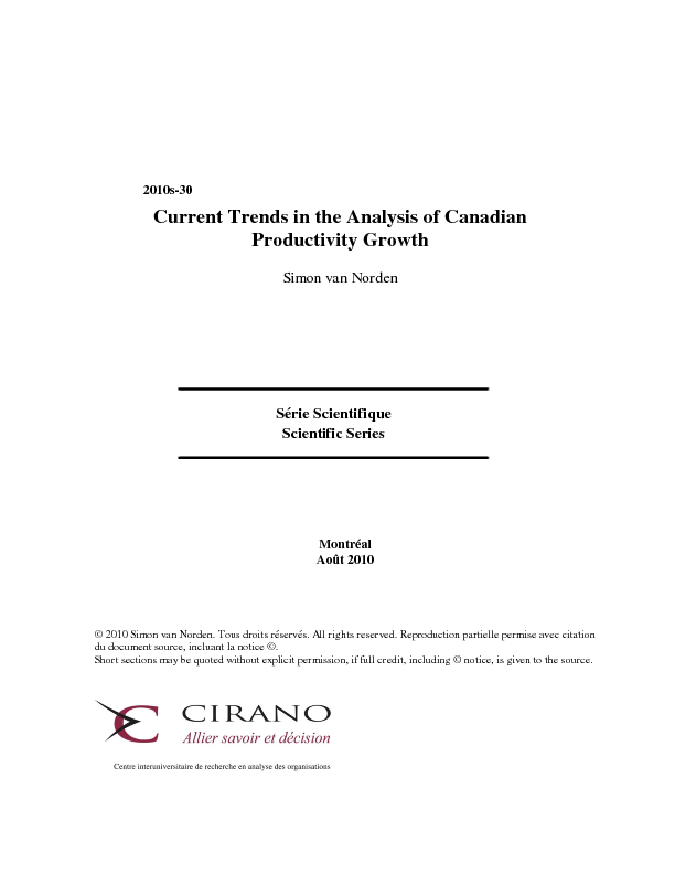 Current Trends in the Analysis of Canadian Productivity Growth
