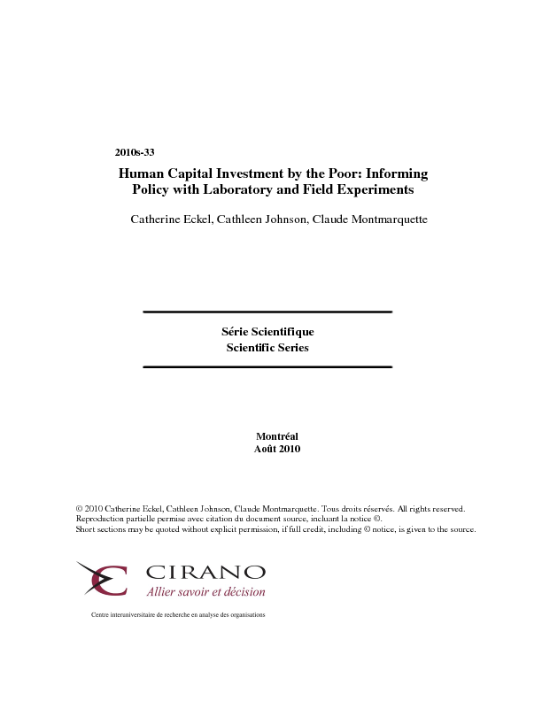 Human Capital Investment by the Poor: Informing Policy with Laboratory and Field Experiments