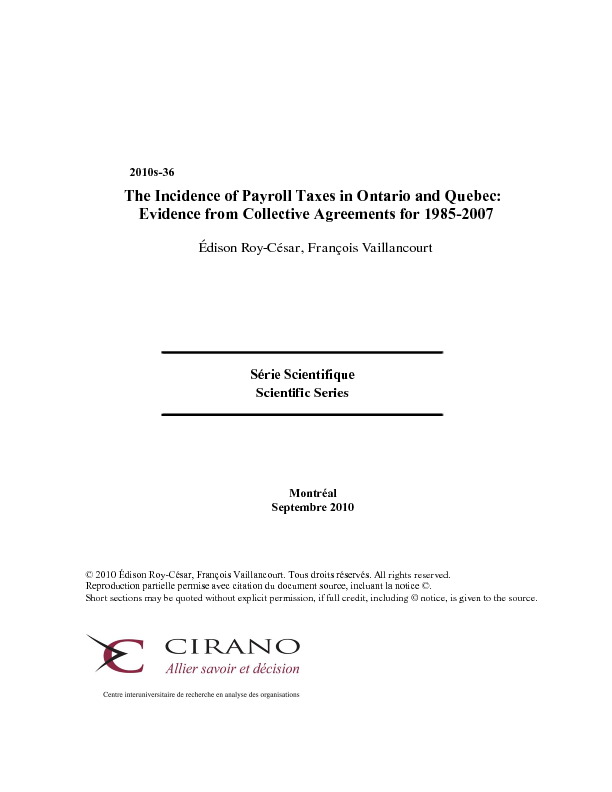 The incidence of Payroll Taxes in Ontario and Quebec; Evidence from collective agreements for 1985-2007