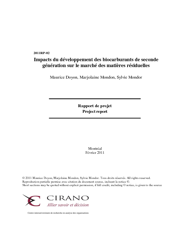 Impacts du développement des biocarburants de seconde génération sur le marché des matières résiduelles