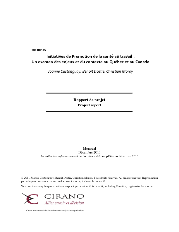 Initiatives de Promotion de la santé au travail : Un examen des enjeux et du contexte au Québec et au Canada