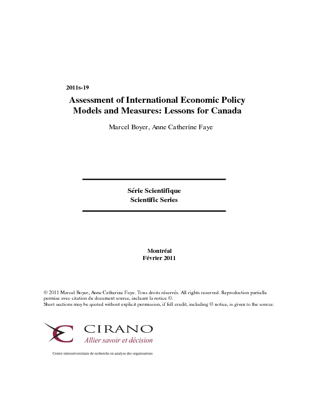 Assessment of International Economic Policy Models and Measures: Lessons for Canada