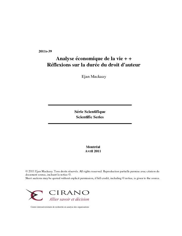 Analyse économique de la vie ++ - Réflexions sur la durée du droit d