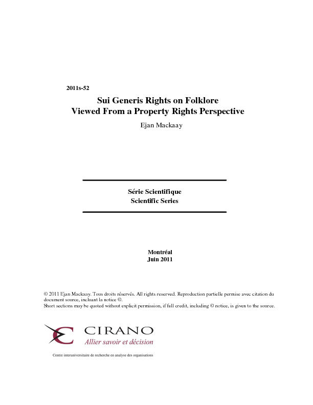 Sui Generis Rights on Folklore Viewed From a Property Rights Perspective