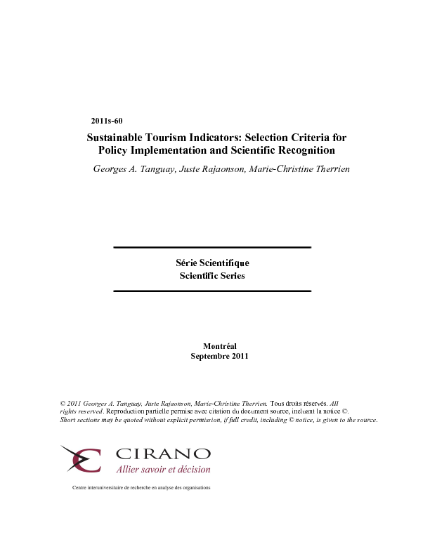 Sustainable Tourism Indicators: Selection Criteria for Policy Implementation and Scientific Recognition