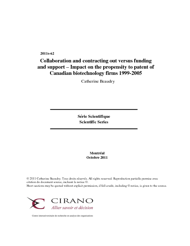 Collaboration and contracting out versus funding and support – Impact on the propensity to patent of Canadian biotechnology firms 1999-2005