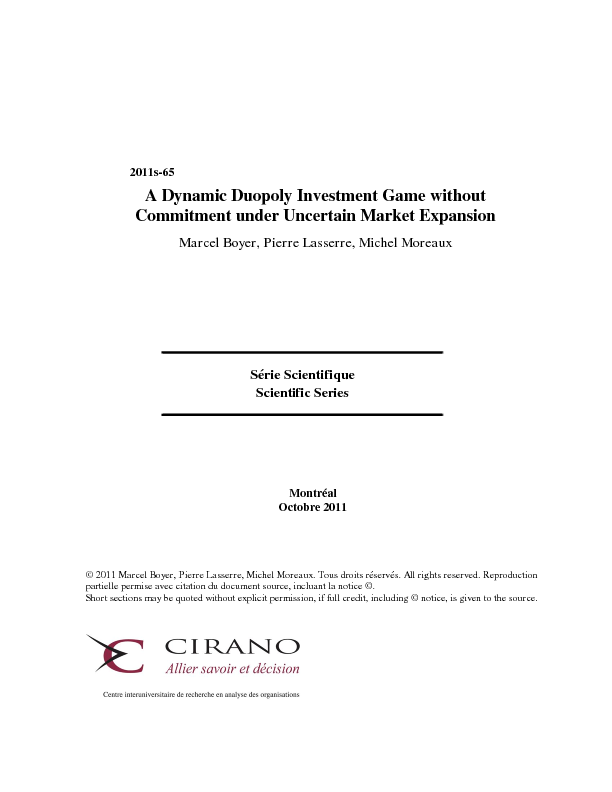 A Dynamic Duopoly Investment Game without Commitment under Uncertain Market Expansion