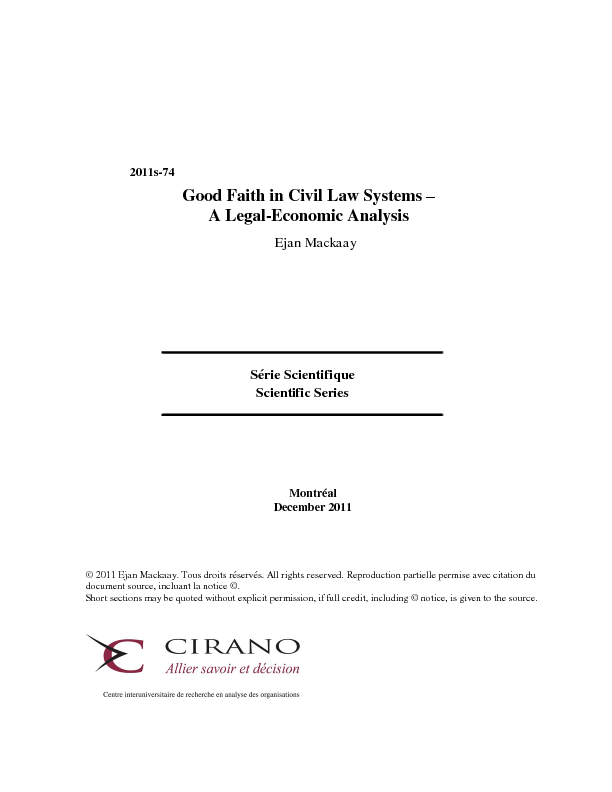 Good Faith in Civil Law Systems – A Legal-Economic Analysis