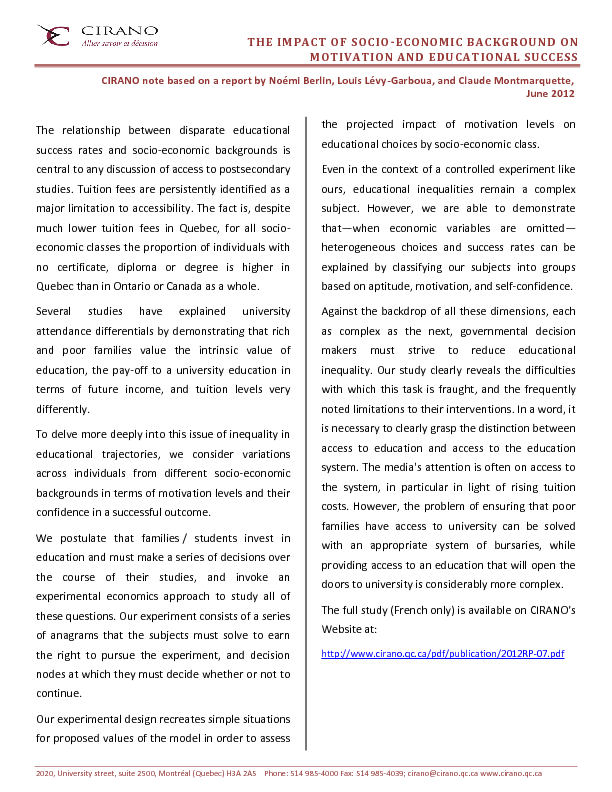 THE IMPACT OF SOCIO-ECONOMIC BACKGROUND ON MOTIVATION AND EDUCATIONAL SUCCESS