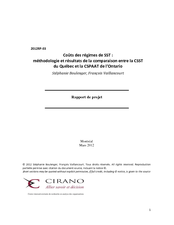 Coûts des régimes de SST : méthodologie et résultats de la comparaison entre la CSST du Québec et la CSPAAT de l