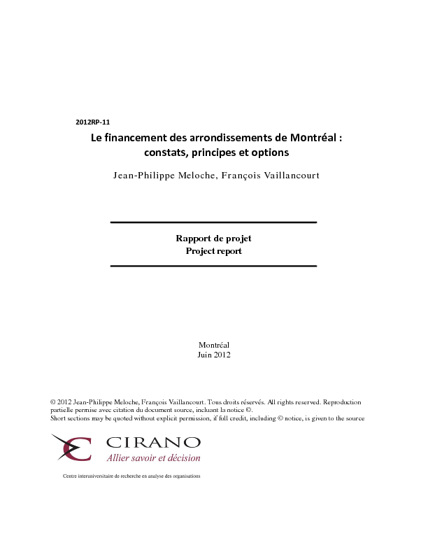 Le financement des arrondissements de Montréal : constats, principes et options