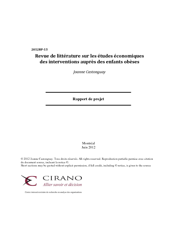 Revue de littérature sur les études économiques des interventions auprès des enfants obèses