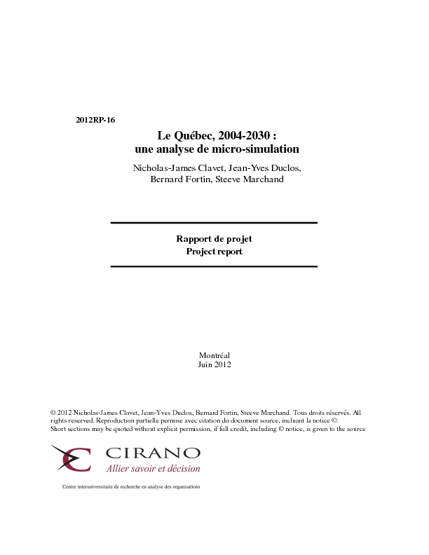 Le Québec, 2004-2030 : une analyse de micro-simulation