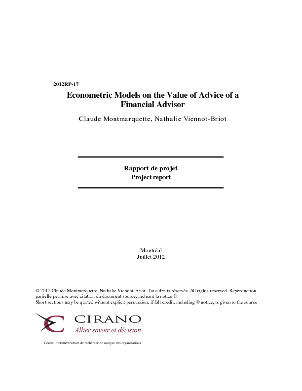 Econometric Models on the Value of Advice of a Financial Advisor