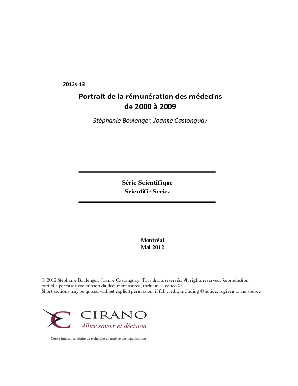 Portrait de la rémunération des médecins de 2000 à 2009