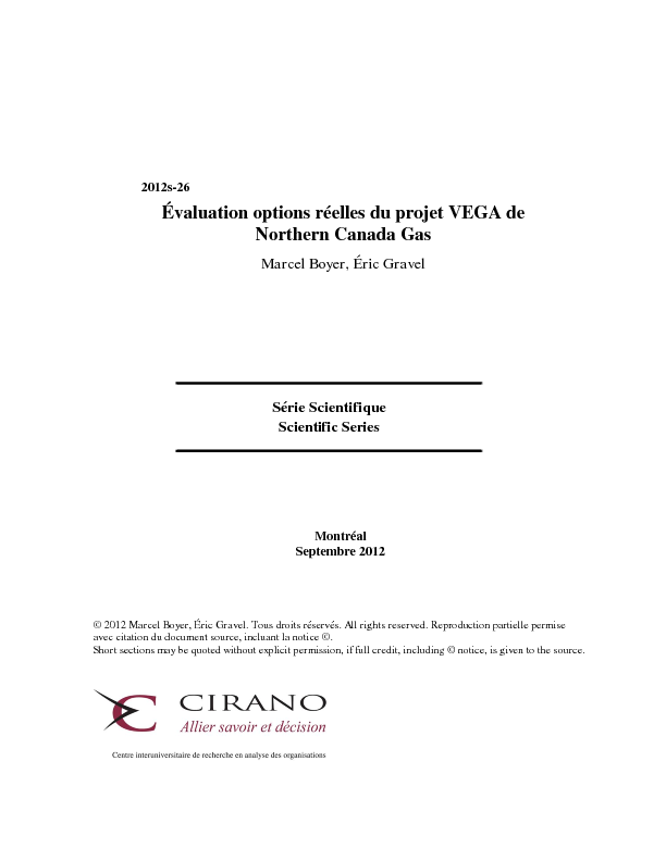 Évaluation options réelles du projet VEGA de Northern Canada Gas