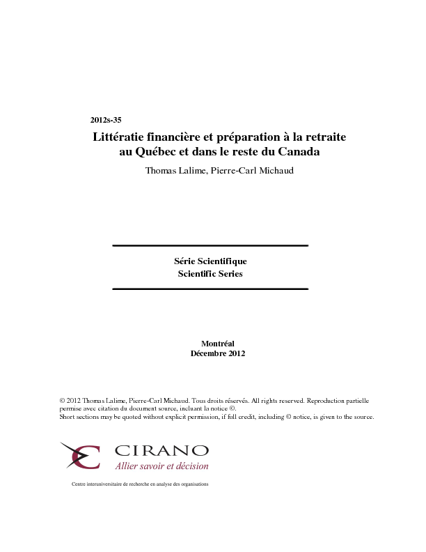 Littératie financière et préparation à la retraite au Québec et dans le reste du Canada