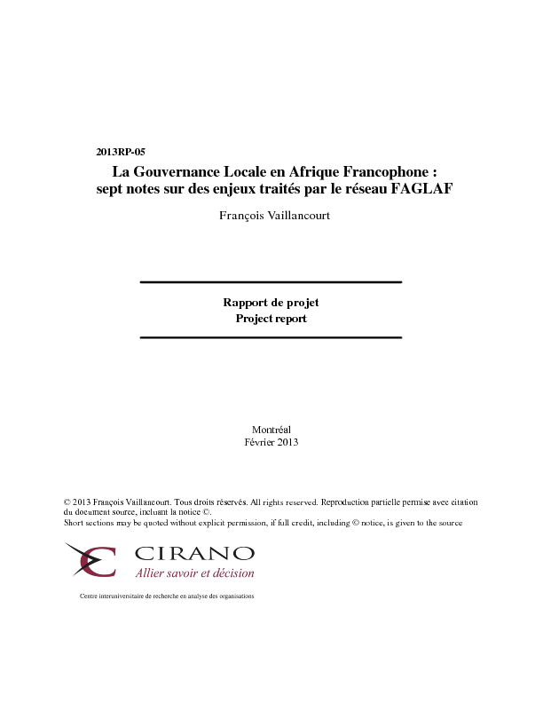 La Gouvernance Locale en Afrique Francophone : sept notes sur des enjeux traités par le réseau FAGLAF