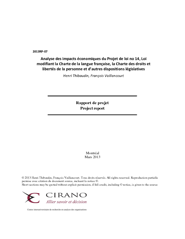 Analyse des impacts économiques du Projet de loi no 14, Loi modifiant la Charte de la langue française, la Charte des droits et libertés de la personne et d