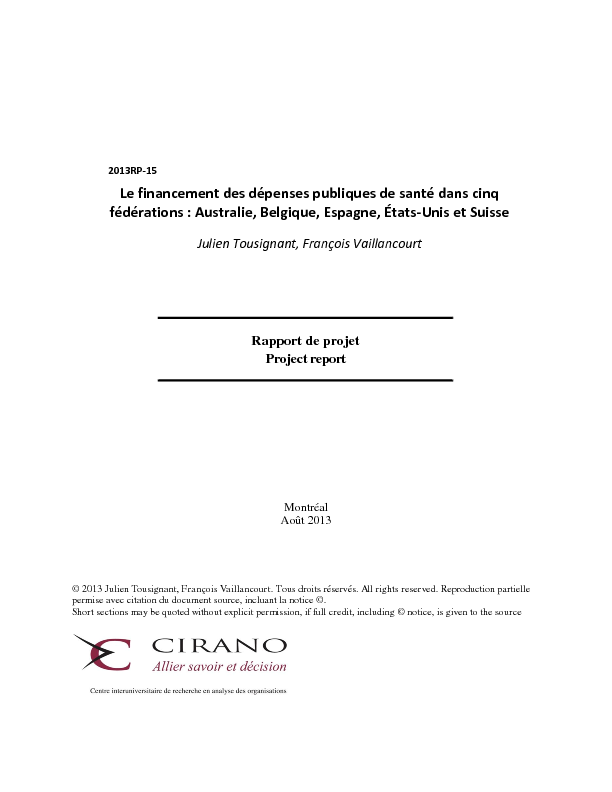 Le financement des dépenses publiques de santé dans cinq fédérations : Australie, Belgique, Espagne, États-Unis et Suisse