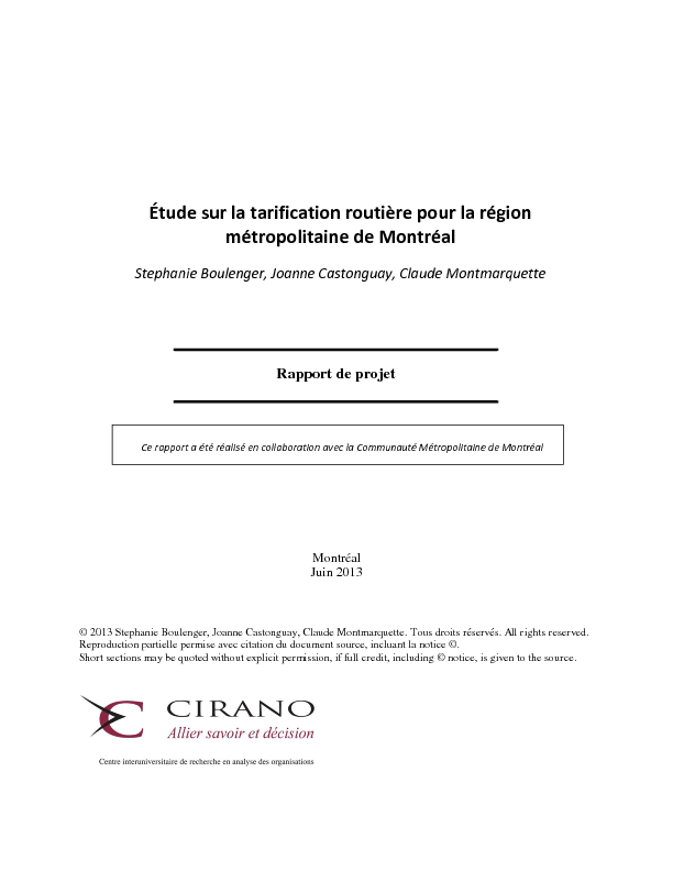 Étude sur la tarification routière pour la région métropolitaine de Montréal