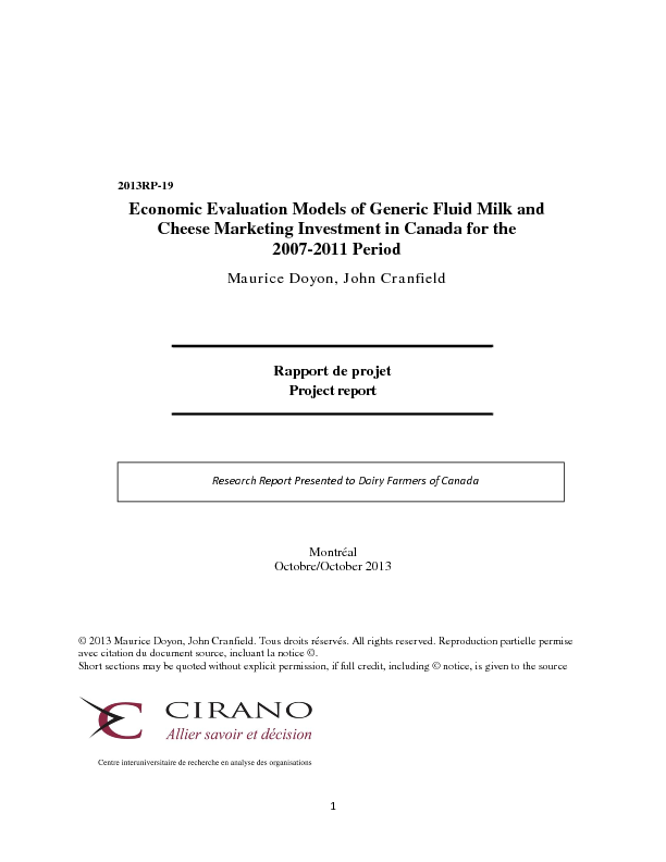 Economic Evaluation Models of Generic Fluid Milk and Cheese Marketing Investment in Canada for the 2007-2011 Period
