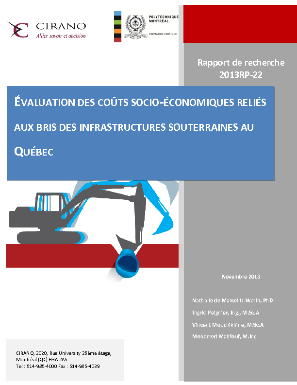 Évaluation des coûts socio-économiques reliés aux bris des infrastructures souterraines au Québec