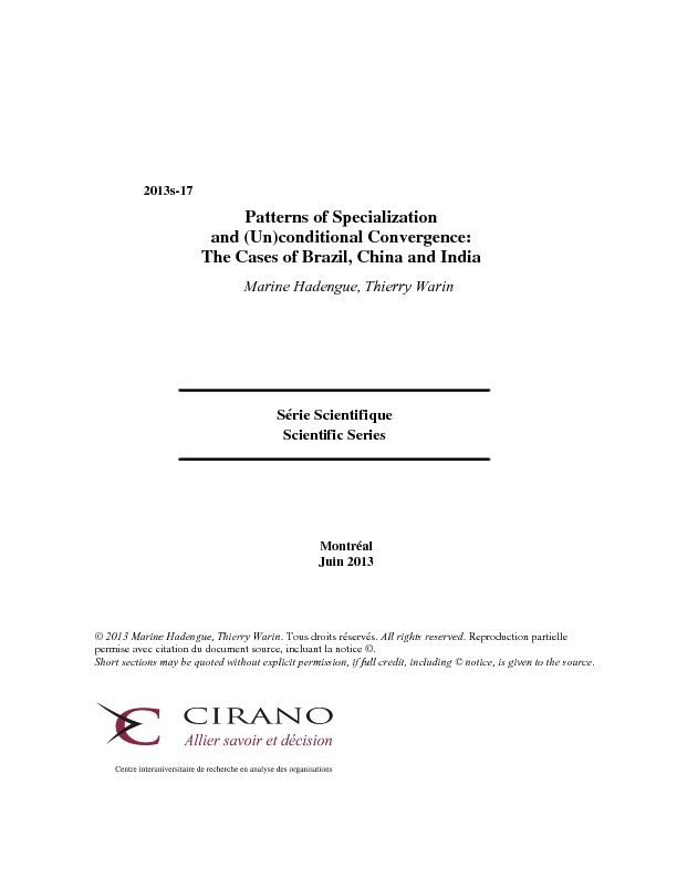 Patterns of Specialization and (Un)conditional Convergence: The Cases of Brazil, China and India