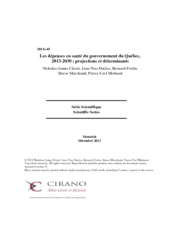 Les dépenses en santé du gouvernement du Québec, 2013-2030 : projections et déterminants