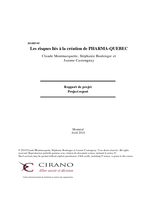 Les risques liés à la création de PHARMA-QUEBEC