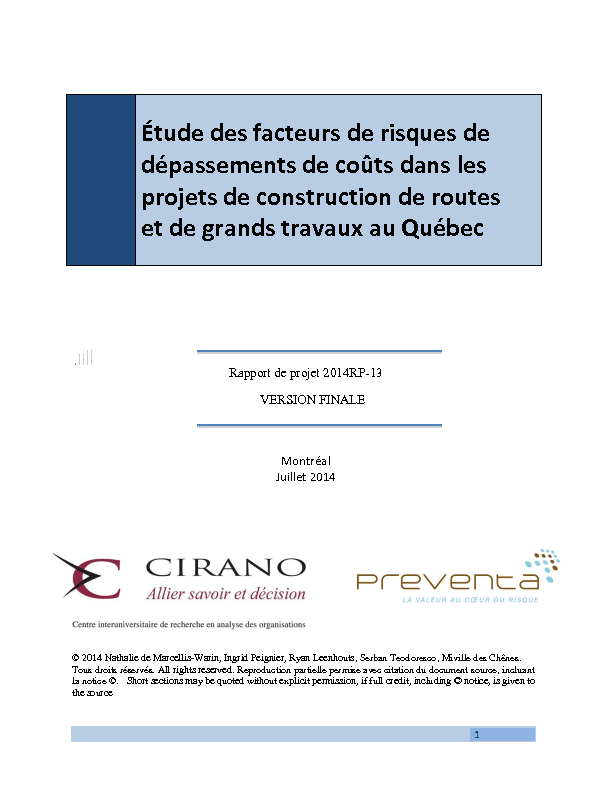 Étude des facteurs de risques de dépassements de coûts dans les projets de construction de routes et de grands travaux au Québec