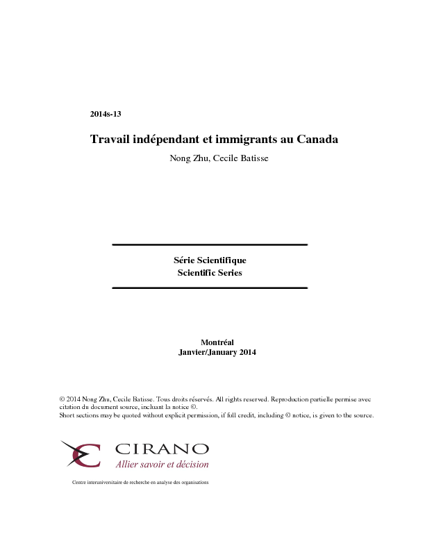 Travail indépendant et immigrants au Canada