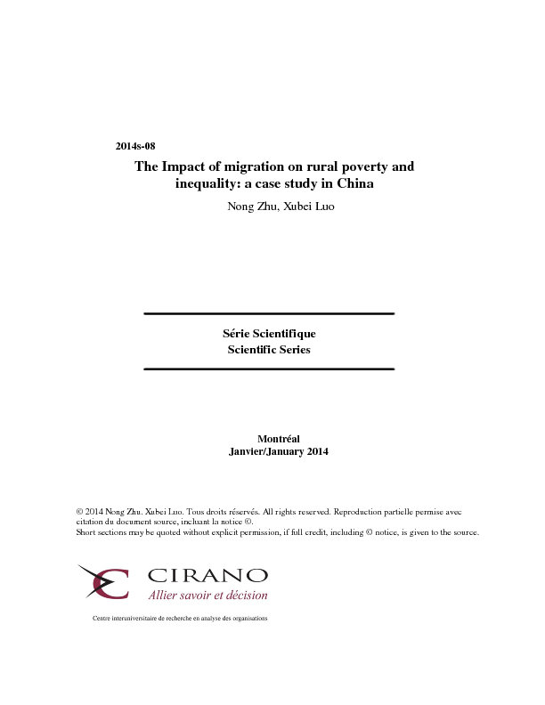 The Impact of migration on rural poverty and inequality: a case study in China