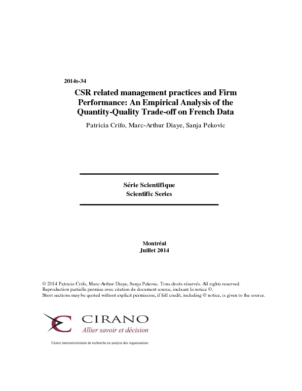 CSR related management practices and Firm Performance: An Empirical Analysis of the Quantity-Quality Trade-off on French Data