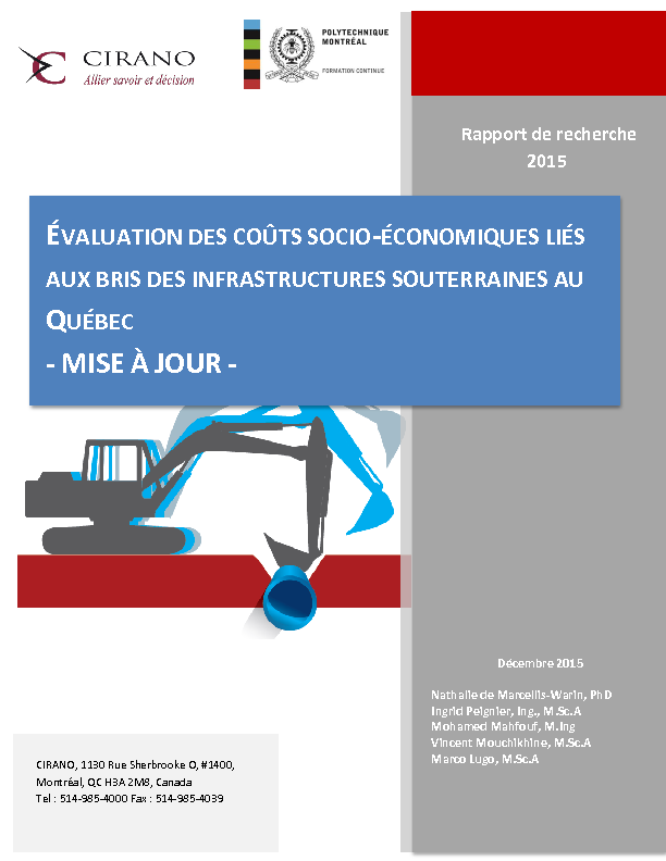 Évaluation des coûts socio-économiques liés aux bris des infrastructures souterraines au Québec - mise à jour