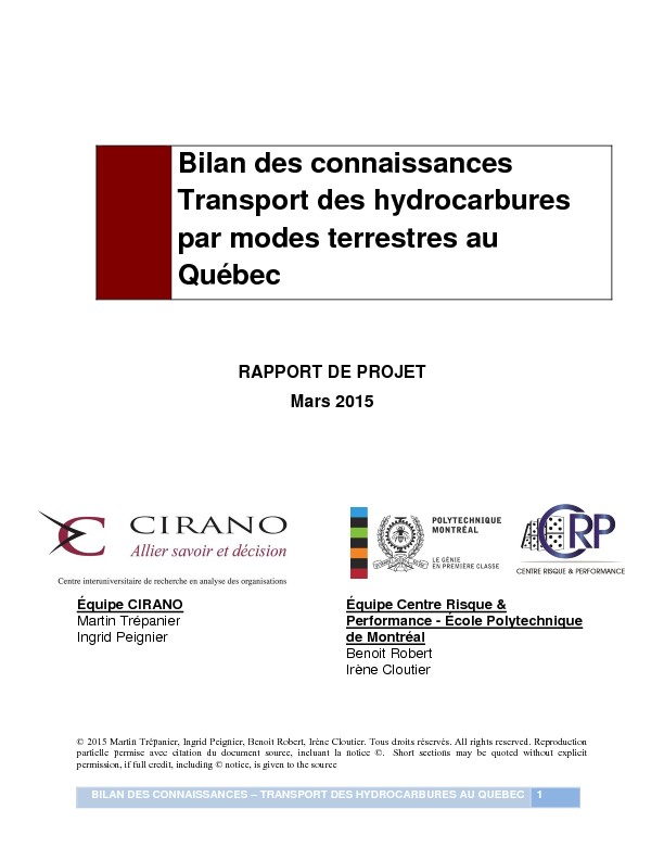 Bilan des connaissances - Transport des hydrocarbures par modes terrestres au Québec