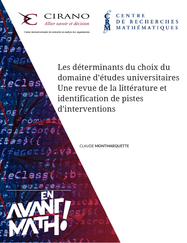 Les déterminants du choix du domaine d’études universitaires. Une revue de la littérature et identification de pistes d’interventions