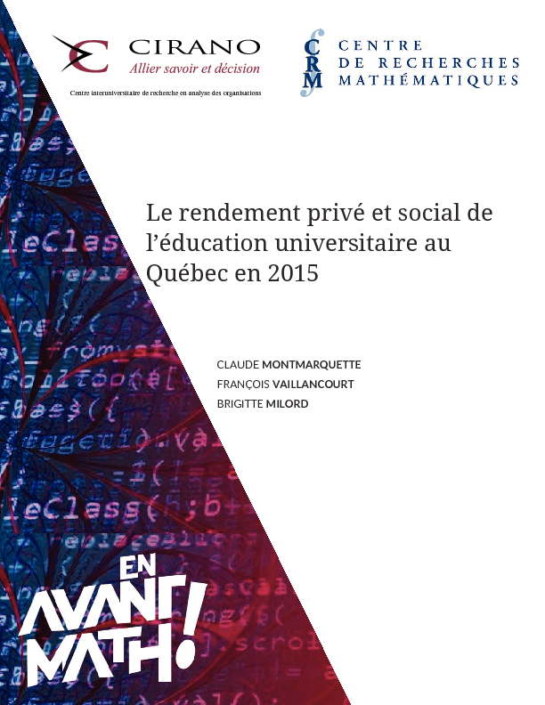 Le rendement privé et social  de l’éducation universitaire au Québec en 2015