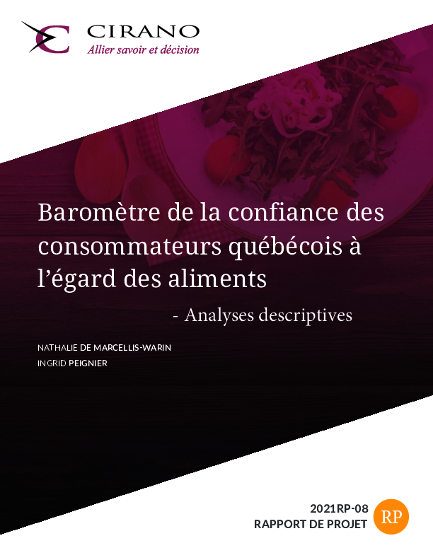 Baromètre de la confiance des consommateurs québécois à l’égard des aliments - 2e édition -Analyses descriptives