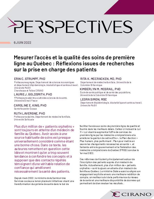 Mesurer l’accès et la qualité des soins de première ligne au Québec : Réflexions issues de recherches sur la prise en charge des patients