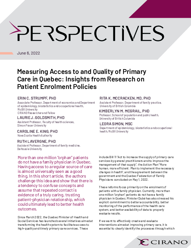 Measuring Access to and Quality of Primary Care in Quebec: Insights from Research on Patient Enrolment Policies