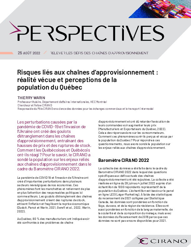 Risques liés aux chaînes d’approvisionnement : réalité vécue et perceptions de la population du Québec