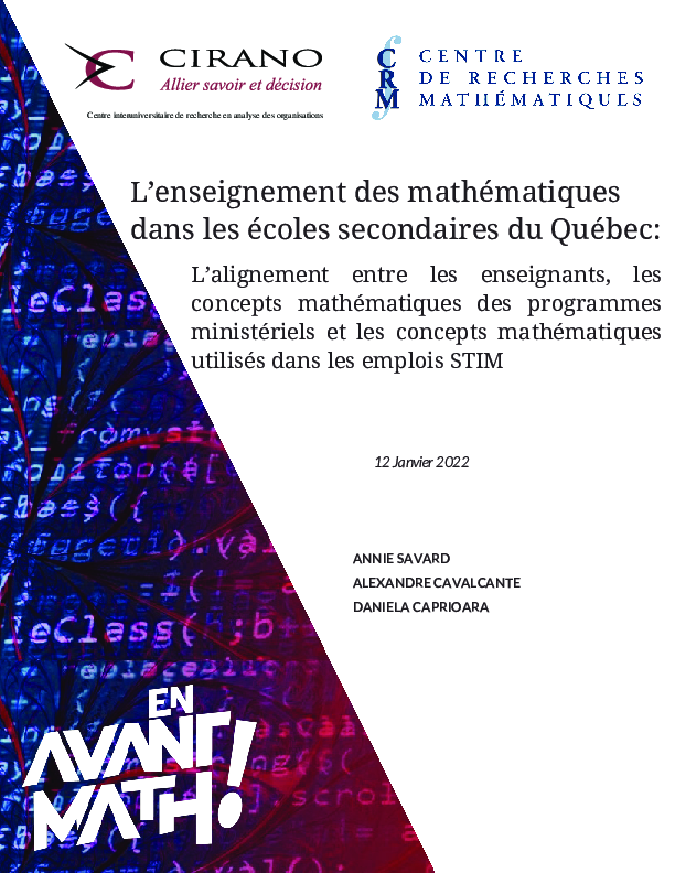 L’enseignement des mathématiques dans les écoles secondaires du Québec:  L’alignement entre les enseignants, les concepts mathématiques des programmes ministériels et les concepts mathématiques utilisés dans les emplois STIM