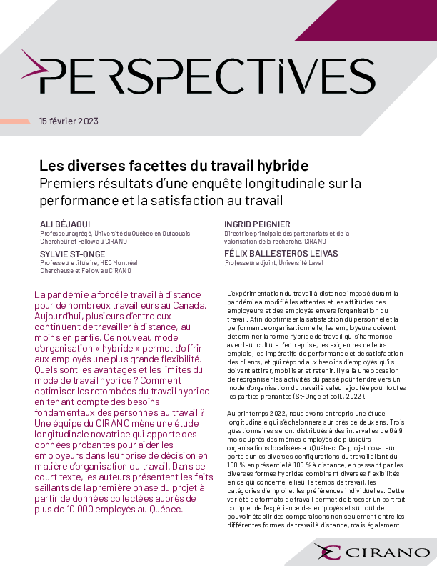 Les diverses facettes du travail hybride: Premiers résultats d’une enquête longitudinale sur la performance et la satisfaction au travail