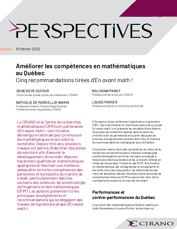 Améliorer les compétences en mathématiques au Québec:  Cinq recommandations tirées d’En avant math !