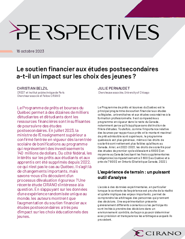 Le soutien financier aux études postsecondaires a-t-il un impact sur les choix des jeunes ?