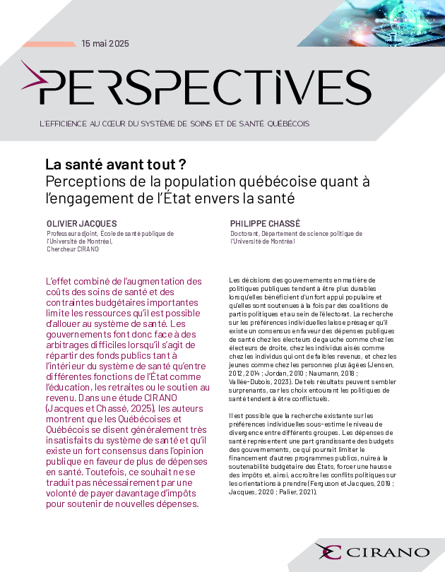 La santé avant tout ?  Perceptions de la population québécoise quant à l’engagement de l’État envers la santé