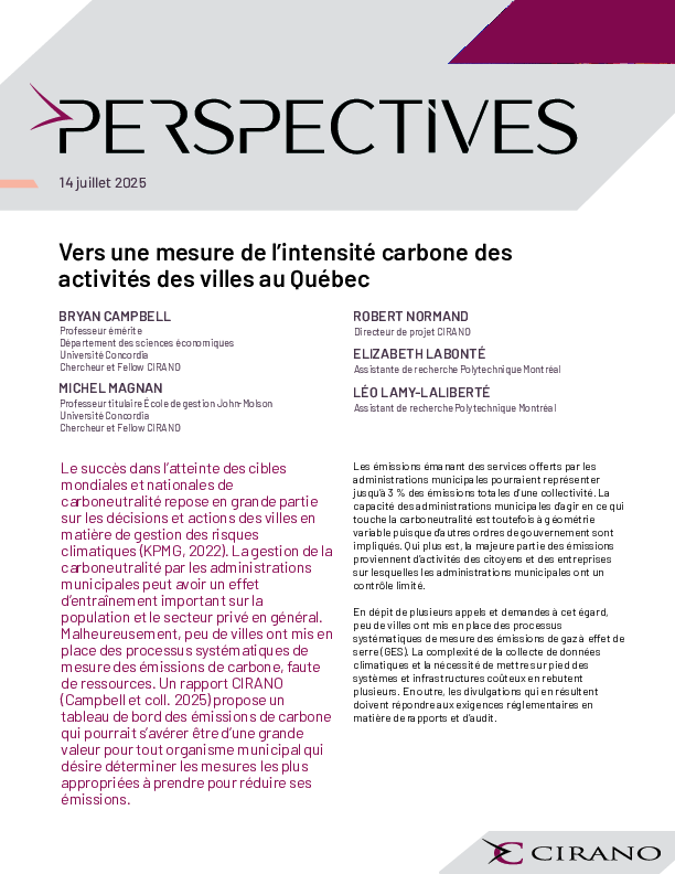 Vers une mesure de l’intensité carbone des activités des villes au Québec