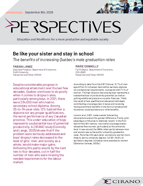 Be like your sister and stay in school: The benefits of increasing Quebec’s male graduation rates