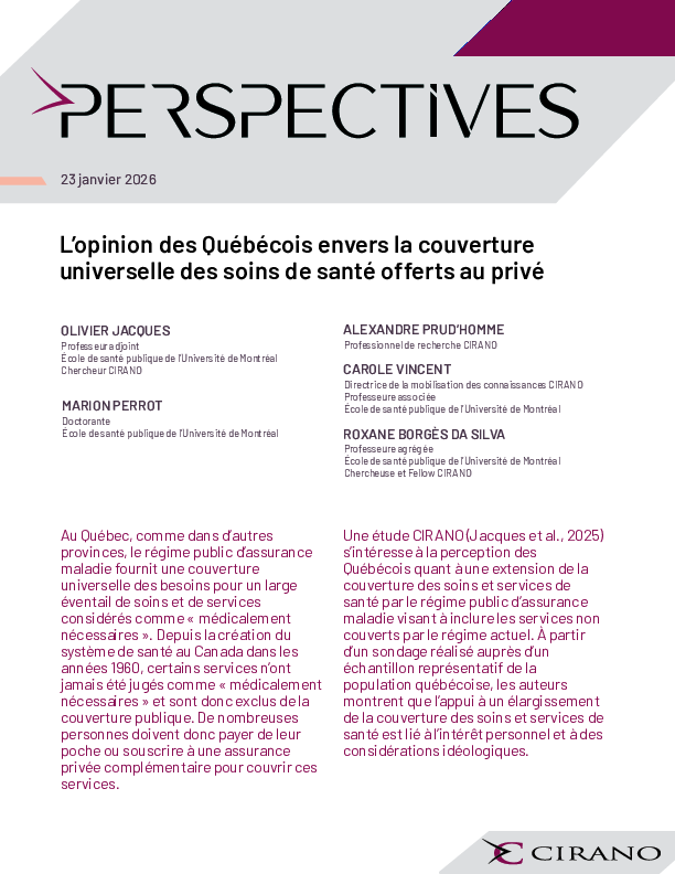 L’opinion des Québécois envers la couverture universelle des soins de santé offerts au privé